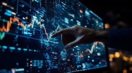 A man’s hand reaches out to touch a large monitor displaying forex diagrams and stock market charts, with financial data and trends illuminated on the screen