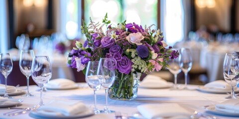 Fototapeta premium Stylish wedding table arrangement featuring a vase of purple blooms atop a white table covering.