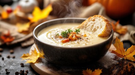Warm and creamy soup served in a rustic bowl, garnished with herbs, accompanied by crusty bread and autumn leaves.