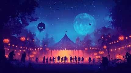 Naklejka premium A group of people are gathered around a tent in a dark forest