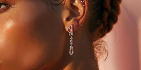 Close-up of a woman adorned with elegant zirconia earrings and multiple ear piercings.