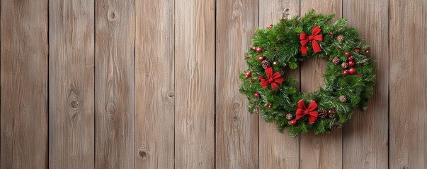 Festive Christmas wreath with red ribbons and berries on wooden background, perfect for holiday decorations and celebrations