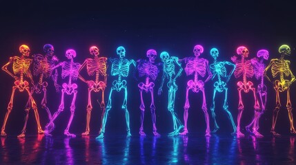 A group of colorful skeletons are dancing in a line