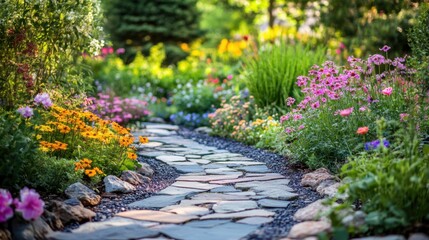Engage with the natural world in a peaceful garden with a winding stone path surrounded by colorful flowers and lush greenery