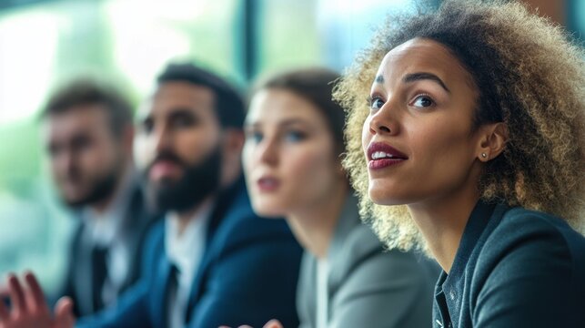 Close-up of debaters mid-discussion showcasing expressive body language and animated facial expressions in a modern debate setting