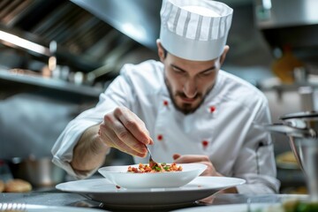 Chef preparing food on plate in commercial kitchen for culinary business promotion