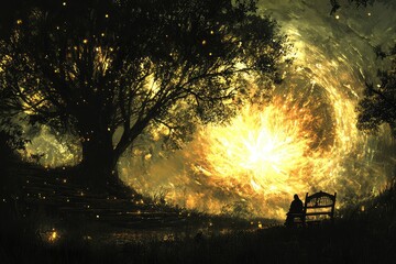 Enchanted forest landscape with glowing sunset, lone bench, and fireflies