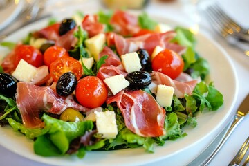A photo of prosciutto salad on a white plate, on a table with silverware in a restaurant. Generative AI