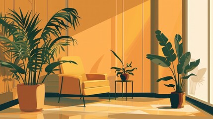 Sunlit Living Room Interior with Plants and Yellow Armchair.