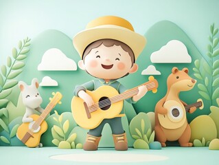 Naklejka premium A cheerful boy playing guitar with animal friends in a vibrant, cartoonish forest setting, perfect for children's illustrations.