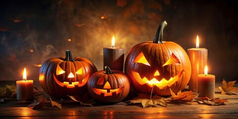 Candle lit halloween pumpkins glowing in the dark spooky night