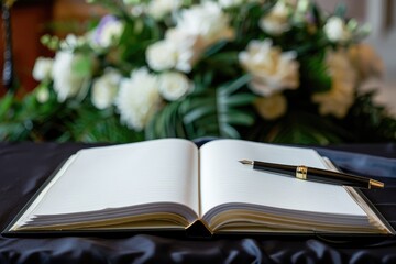 Elegant Guestbook for Condolences with Pen on Black Tablecloth at Funeral Service