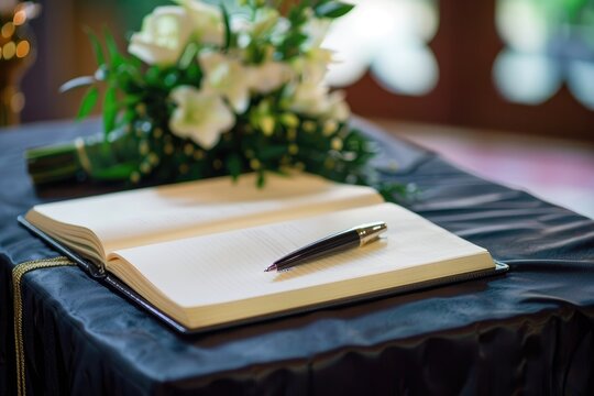 Elegant Guestbook for Condolences with Pen on Black Tablecloth at Funeral Service