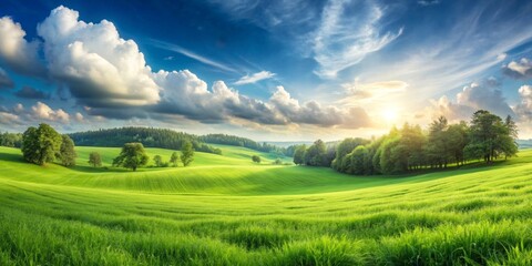 Panoramic view of lush green grass landscape background perfect for nature wallpapers and backgrounds