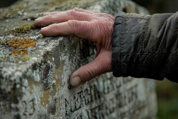 Hand Touching Engraved Headstone, Symbol of Time and Remembrance, Contemplating Memories
