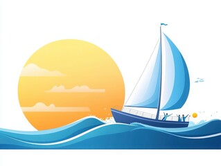 Fototapeta premium A vibrant illustration of a sailboat navigating bright waves under a warm sun, perfect for summer themes and nautical designs.