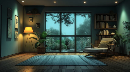 Modern living room interior with sofa, chairs and stylish furniture, with evening light streaming in through the windows, creating a comfortable and relaxing atmosphere.