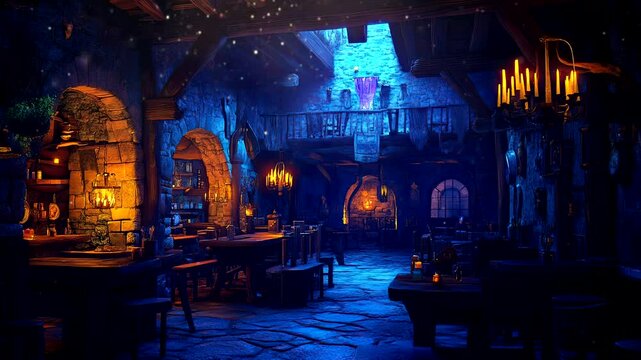 Medieval tavern interior illuminated by glowing candlelight in a charming old-world setting. Seamless looping 4k time-lapse animation video background
