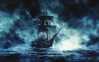 A lone ship sails through a stormy sea, shrouded in mist and darkness.
