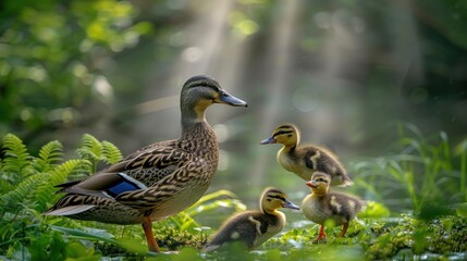 Obraz premium Mother Duck and Ducklings in a Lush Green Forest.
