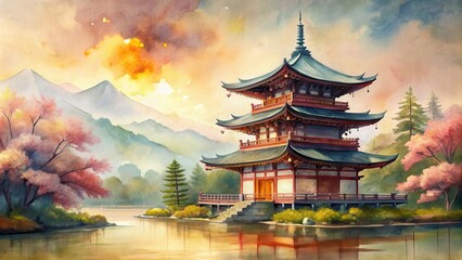Fototapeta premium Watercolor painting of a vintage Japanese landmark , Japan, landmark, vintage, watercolor, painting, art, traditional
