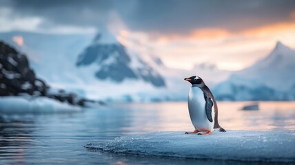 Obraz premium Captivating penguin on an icy shore, with the Northern Lights casting a vibrant glow that highlights its sleek feathers and snowy surroundings.