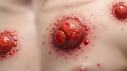 Fototapeta premium Close-up Illustration of Monkeypox Blisters on Skin, Highlighting the Distinctive Red Lesions and Raised Bumps, with Ample Copy Space for Medical Information or Awareness Messaging
