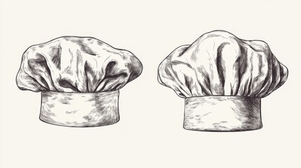 Sketched illustrations of chef hats, cook caps, and toques. Suitable for kitchen staff uniforms, and professional headwear in restaurant, cafe, and menu design.
