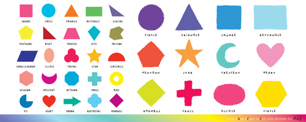 Crayon hand drawn circle, square, triangular design element set,Cute doodle Alphabet