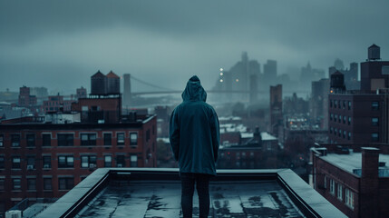 Fototapeta premium A person stands on a rooftop in a hoodie, gazing out over a foggy city skyline as twilight descends, creating a mysterious atmosphere with muted colors, copy space