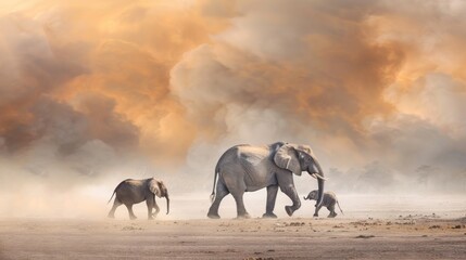 Fototapeta premium Elephants walking through dusty savanna under a dramatic sky.