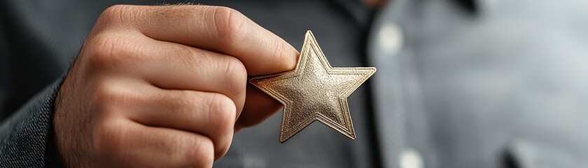 Close-up of a hand holding a gold star.