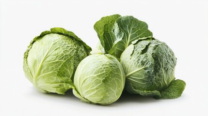 Fototapeta premium Three fresh green cabbages with tightly packed leaves shown against a white background, highlighting their vibrant color and healthy, leafy appearance.