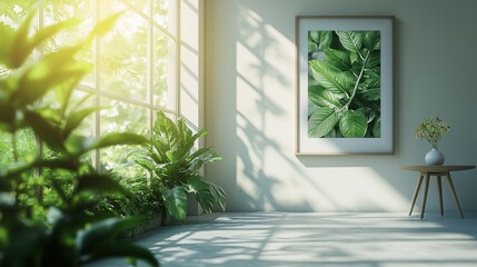 A serene indoor space with plants and framed leaf artwork.