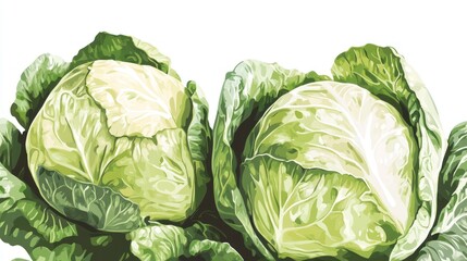 Two fresh, green cabbages with crisp leaves, possibly illustrating healthy vegetables or ingredients for a nutritious meal, depicted against a clean white background.