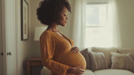 A pregnant African American woman stands in a comfortable living room, gently cradling her baby bump and enjoying a serene moment at home, copy space