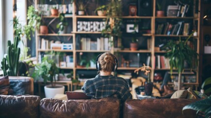 Woman listening to music on a leather sofa.