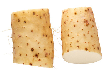 Yamaimo roots and slices or Chinese yam isolated over white background
