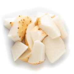 Yamaimo roots and slices or Chinese yam isolated over white background