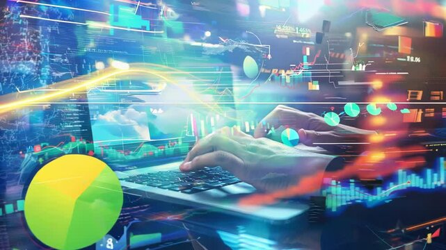 Hands typing on a laptop with digital graphs and data visuals, representing modern technology and data analysis in action.
