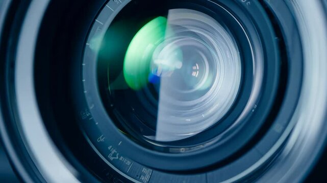 Close up of a camera lens with a blue tinge