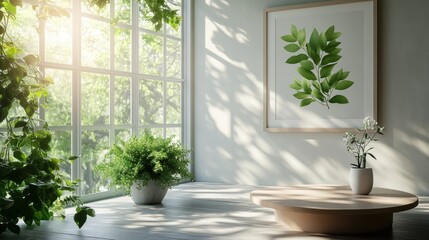 A serene indoor space with plants and natural light.