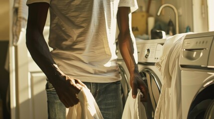Man putting laundry in washing machine.