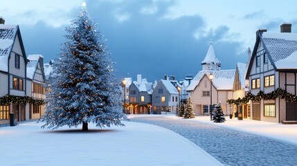 Snow covered village scene during winter with Christmas tree and festive lights