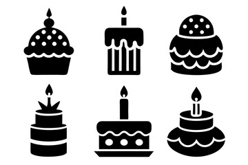 Set of Happy Birthday cake icons silhouette vector art illustration