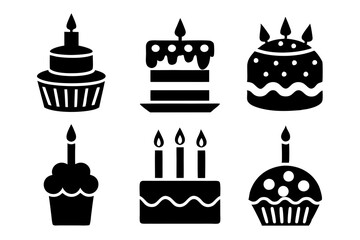 Set of Happy Birthday cake icons silhouette vector art illustration