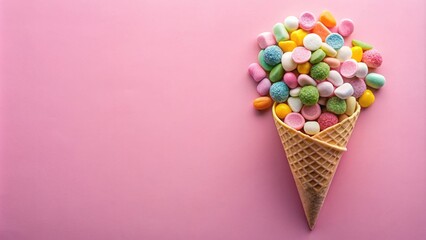 Colorful assortment of marshmallow candy in an ice cream cone on a pink background with gummy candy variation top view