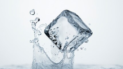 A single ice cube splashing into water, creating a small wave and droplets.