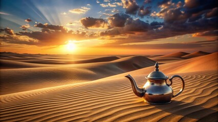 Oriental teapot resting on sandy desert dunes during sunset