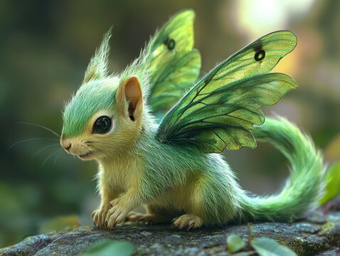 Enchanted Six-Legged Squirrel with Actias Luna Moth Wings and a Leafy Tendril Tail, a Whimsical Fantasy Creature in a Natural Wonderland - Powered by Adobe